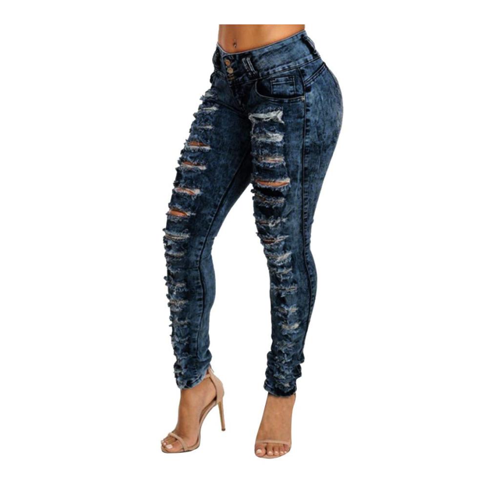 Damen Stretch Jeans - Modische Skinny Fit Denim mit Löchern mittlere Taille Casual Style (SUNDE211215A159