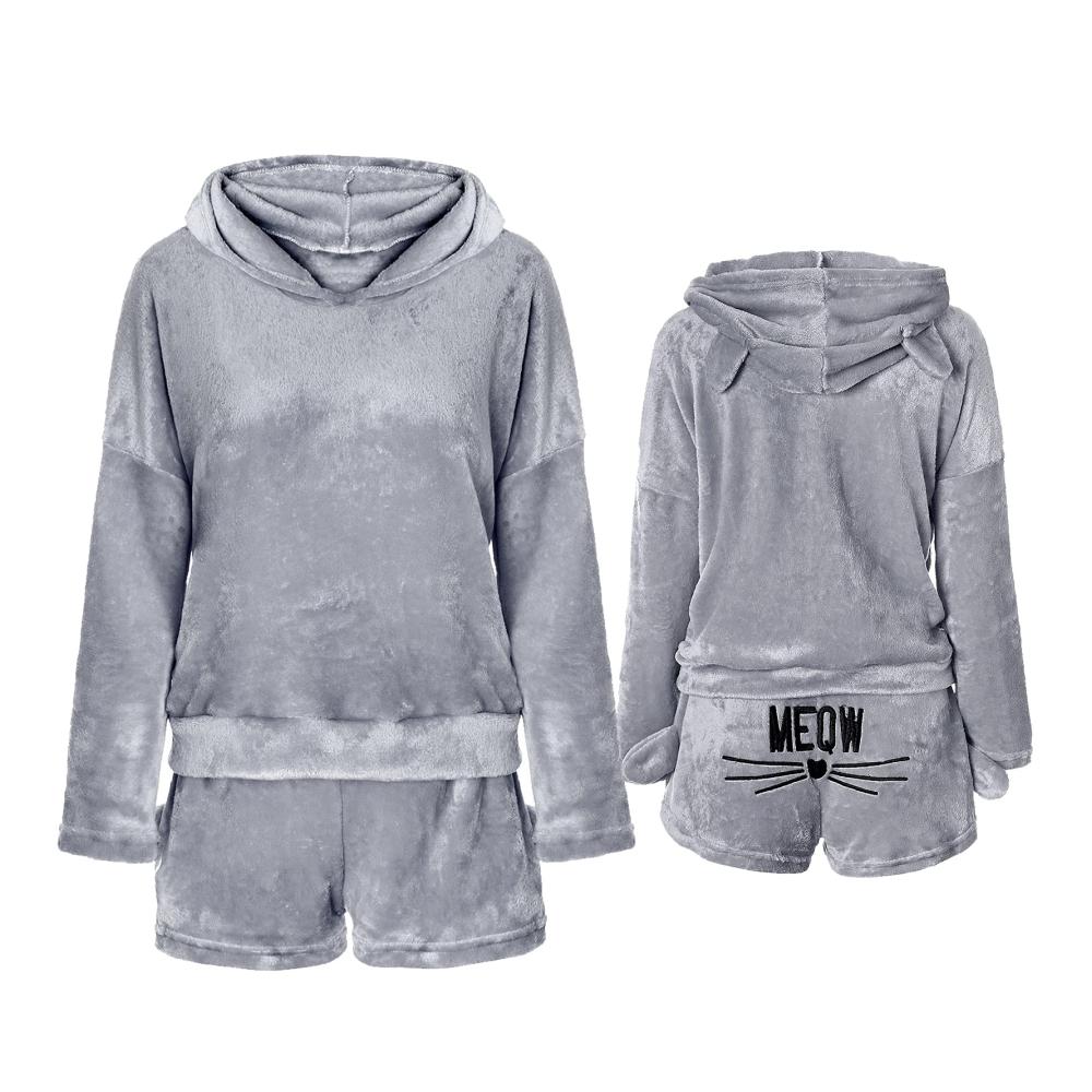 Damen Schlafanzug Set mit Katzen-Stickerei | 2-teilig Winter Nachtwäsche | Niedlicher Mädchen Pyjama mit Kapuze Katzenohren Fleece | Langarm-Bademantel & Shorts Trainingsanzug