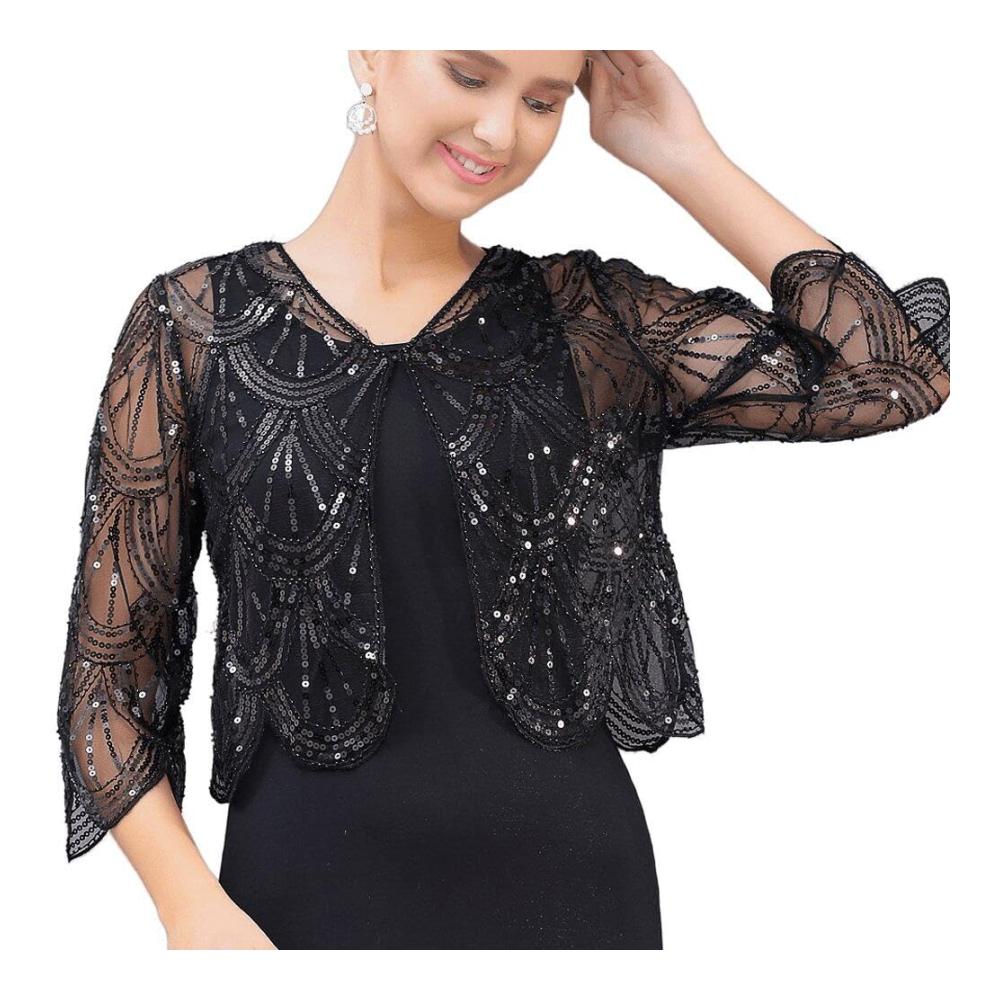 Vintage Luxylei 1920er Jahre Schal mit Pailletten und Perlen perfekt für Abendveranstaltungen und Hochzeiten V-Ausschnitt und transparente Ärmel für den perfekten 20er Jahre Look