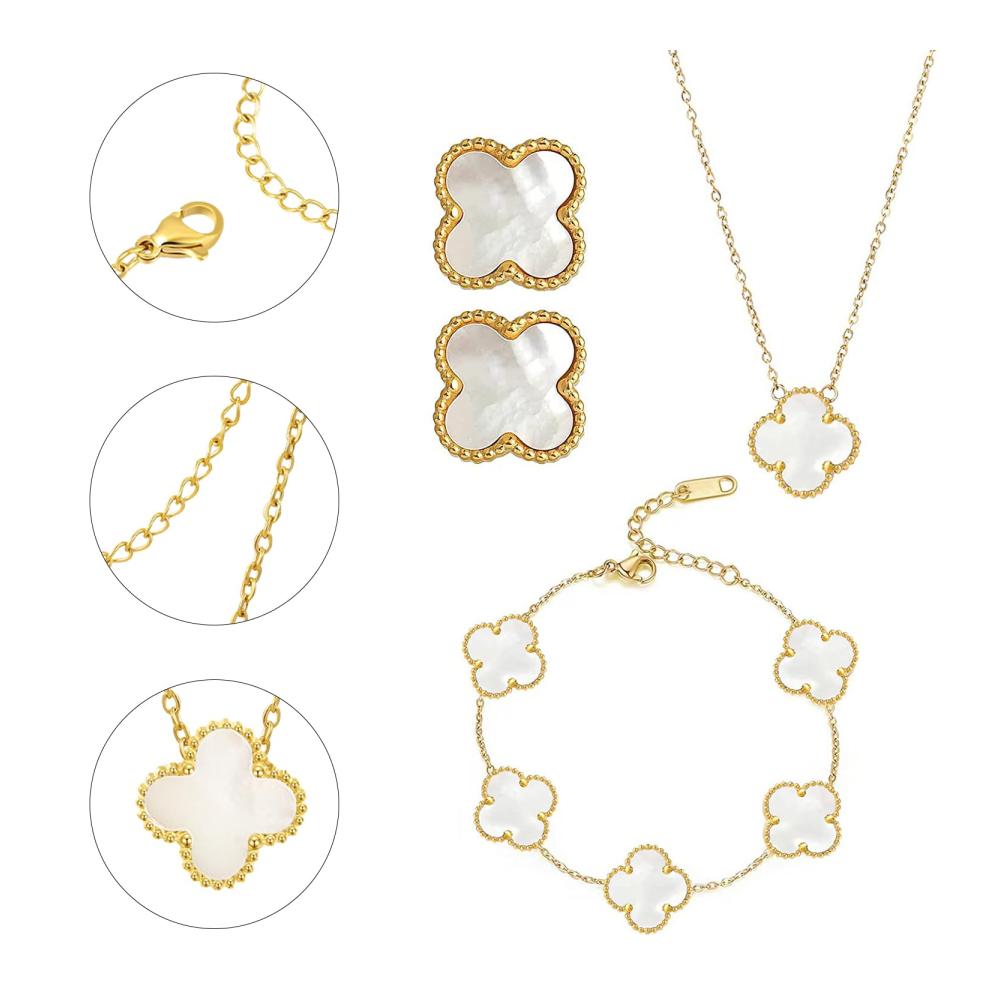 Glücksklee Schmuck-Set für Damen | 18K Vergoldete Kleeblatt Halskette Ohrringe Armband | Vierblättriges Kleeblatt Schmucksets