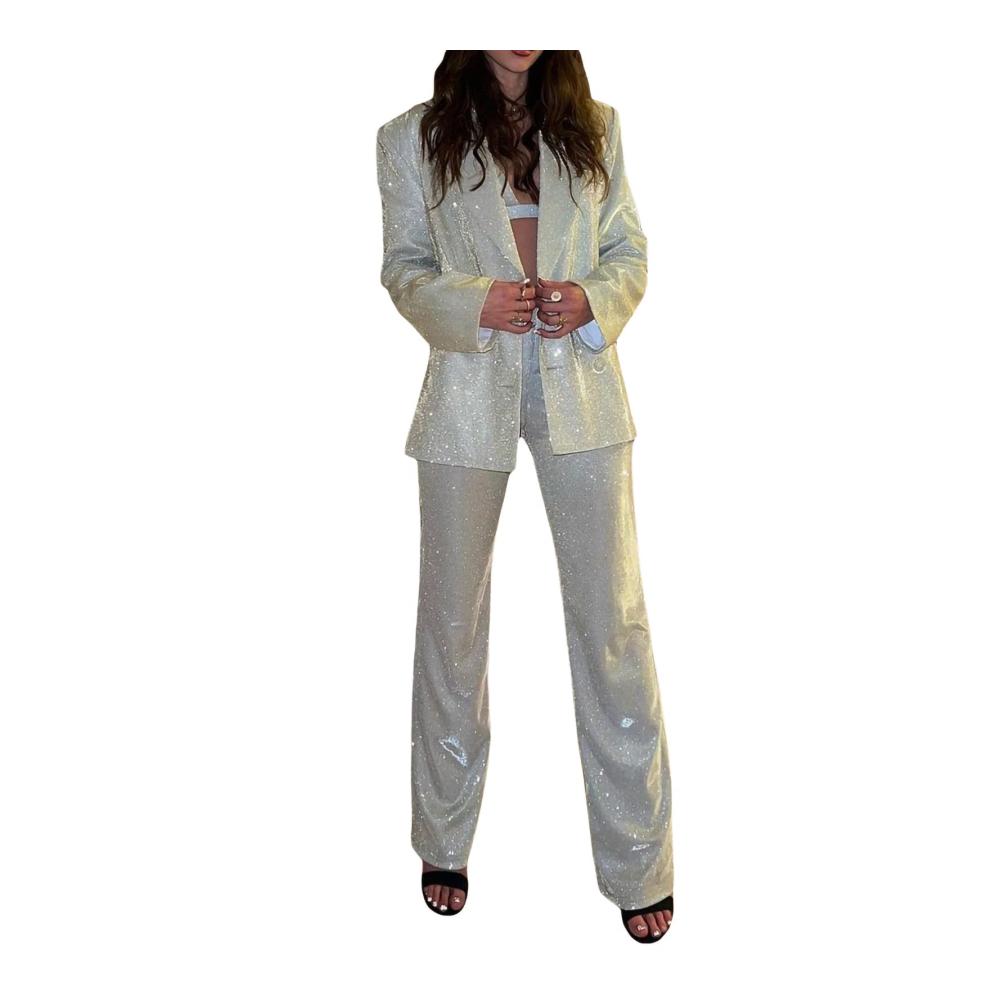Damen Trainingsanzug mit Glitzer-Pailletten 2-teilig langärmelig Blazer-Tops funkelnd lässig - Weite Hose inklusive für einen funkelnden Sweatanzug im Clubwear-Stil