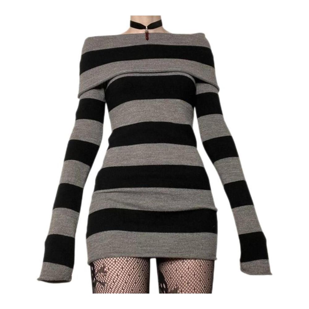 Schwarzes Schulterfreies Minikleid im Y2K-Stil - Figurbetont Gestreift Langärmelig - XL