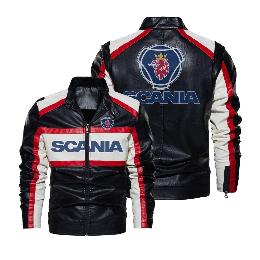 Herren Lederjacke für Motorradfahrer – SCANIA Print Winddicht Fleece-Futter Stehkragen PU Leder Bikerjacke für Outdoor Wintermantel Warme Jacke