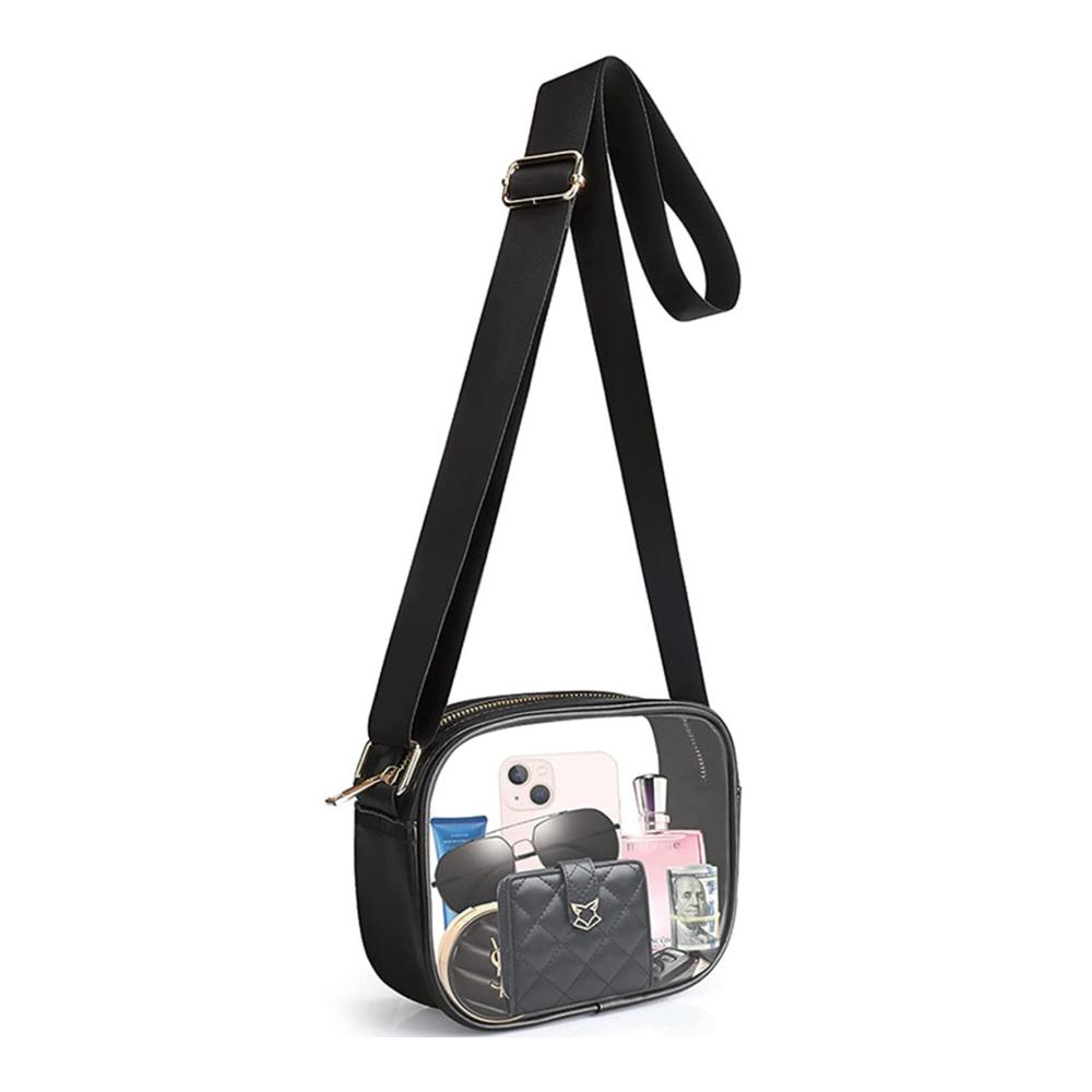 Durchsichtige Stadiontasche - Transparente Messenger-Bag mit Umhängegurt und PVC-Handtasche für Damen Stadiongenehmigt (Schwarz