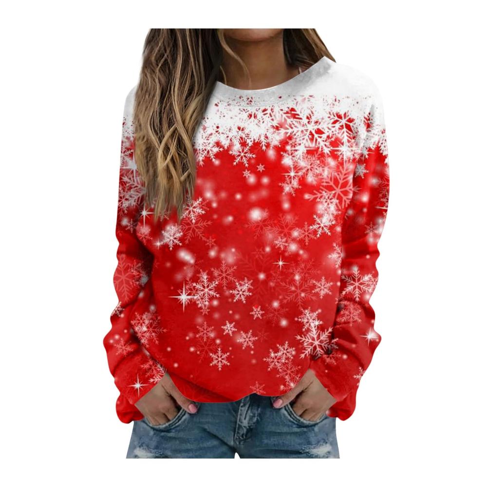 3D Weihnachtspullover Damen Lustiges Merry Christmas Langarmshirt mit Festlichem Muster Rot Schneeflocken und Weihnachtsbaum - Festliche Bunte Weihnachtskleidung