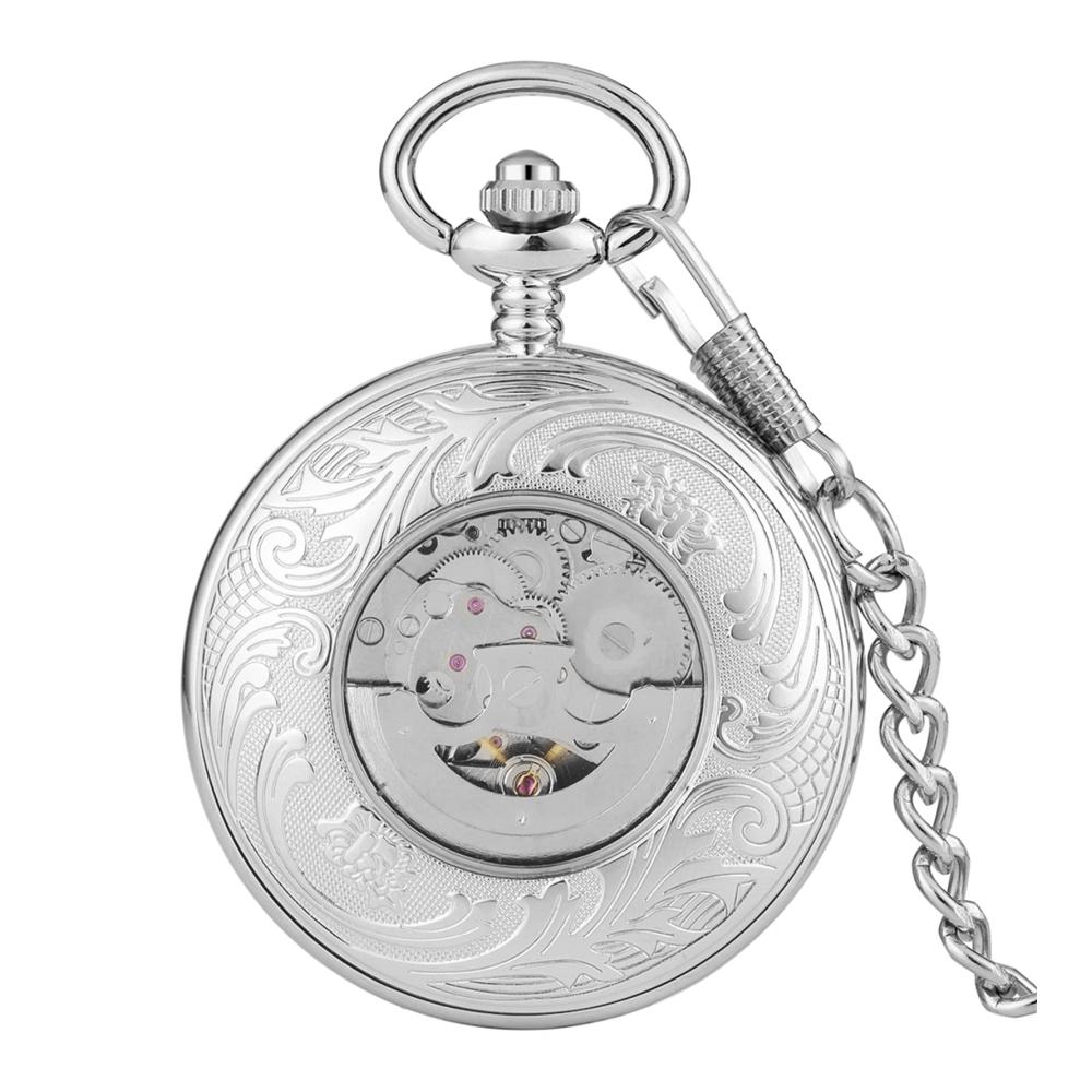 Luxuriöse Silber Taschenuhr für Herren | Automatischer Mechanismus | Blaues Römisches Zifferblatt | Selbstaufladende Anhängeruhr