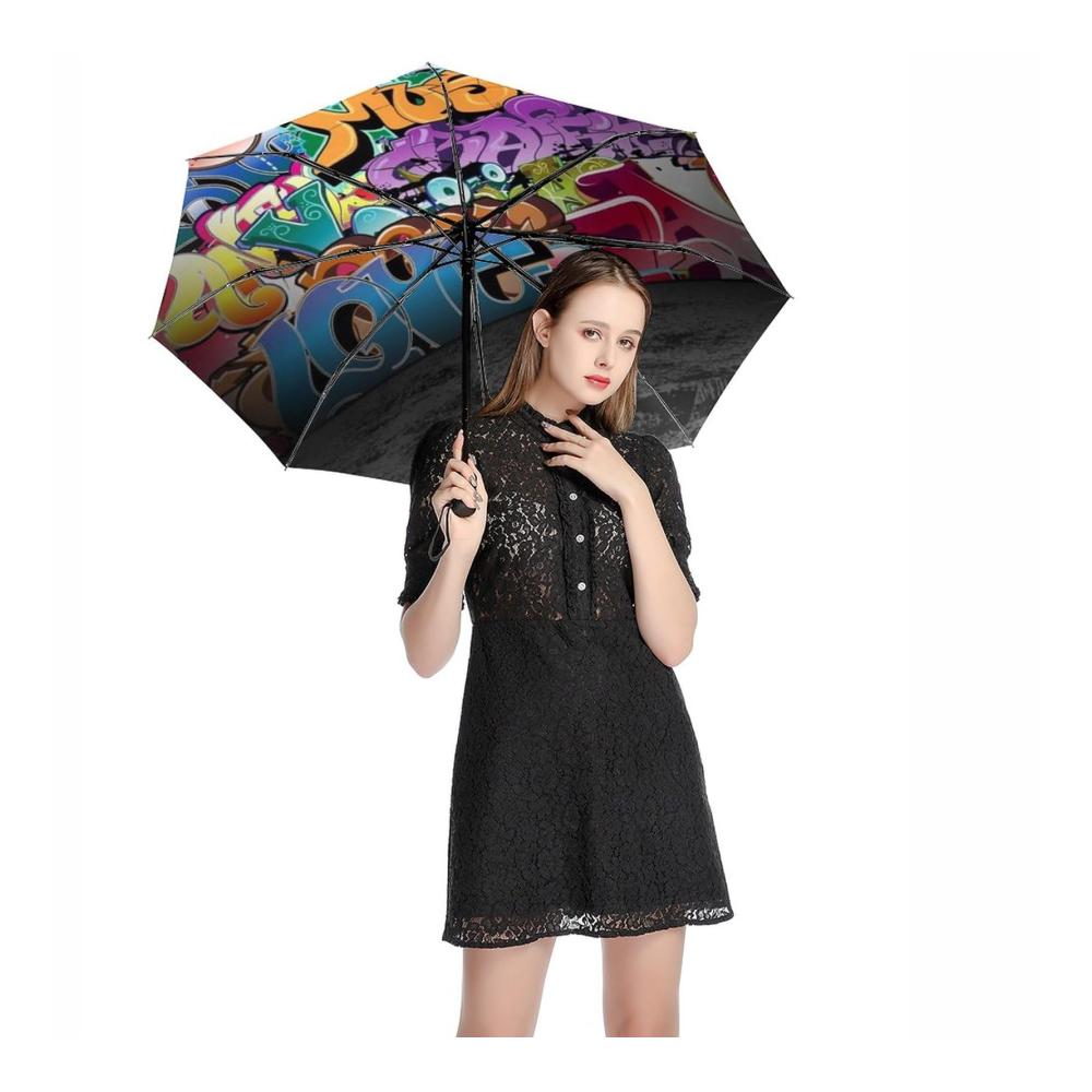 Automatischer 3-fach faltbarer Taschenschirm mit Graffiti-Hip-Hop-Design für Damen und Herren