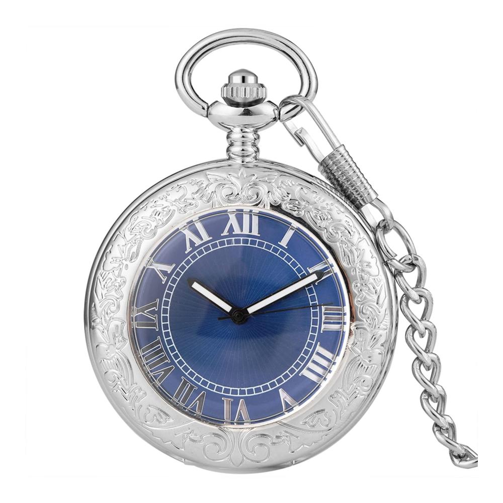 Luxuriöse Silber Taschenuhr für Herren | Automatischer Mechanismus | Blaues Römisches Zifferblatt | Selbstaufladende Anhängeruhr