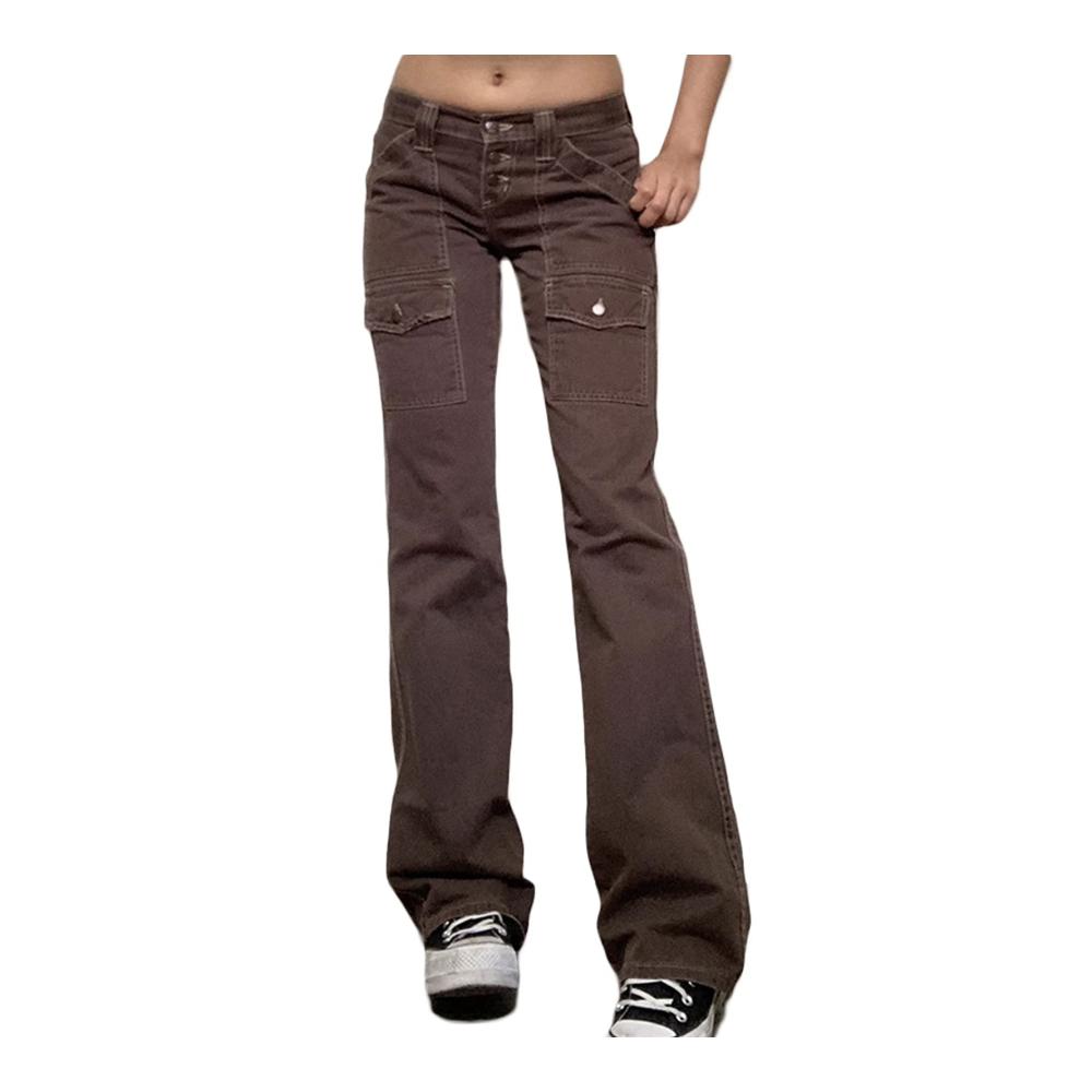 Vintage Damen Jeanshosen Aesthetics Straight Wide Leg Schlaghose Y2k Indie Denim Cargohose Low Waist 90er Streetwear