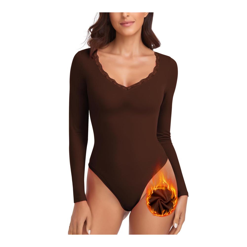 Langarm Thermo Body Damen mit Spitze - Bequemer Fleece Bodysuit für Wärme und Eleganz