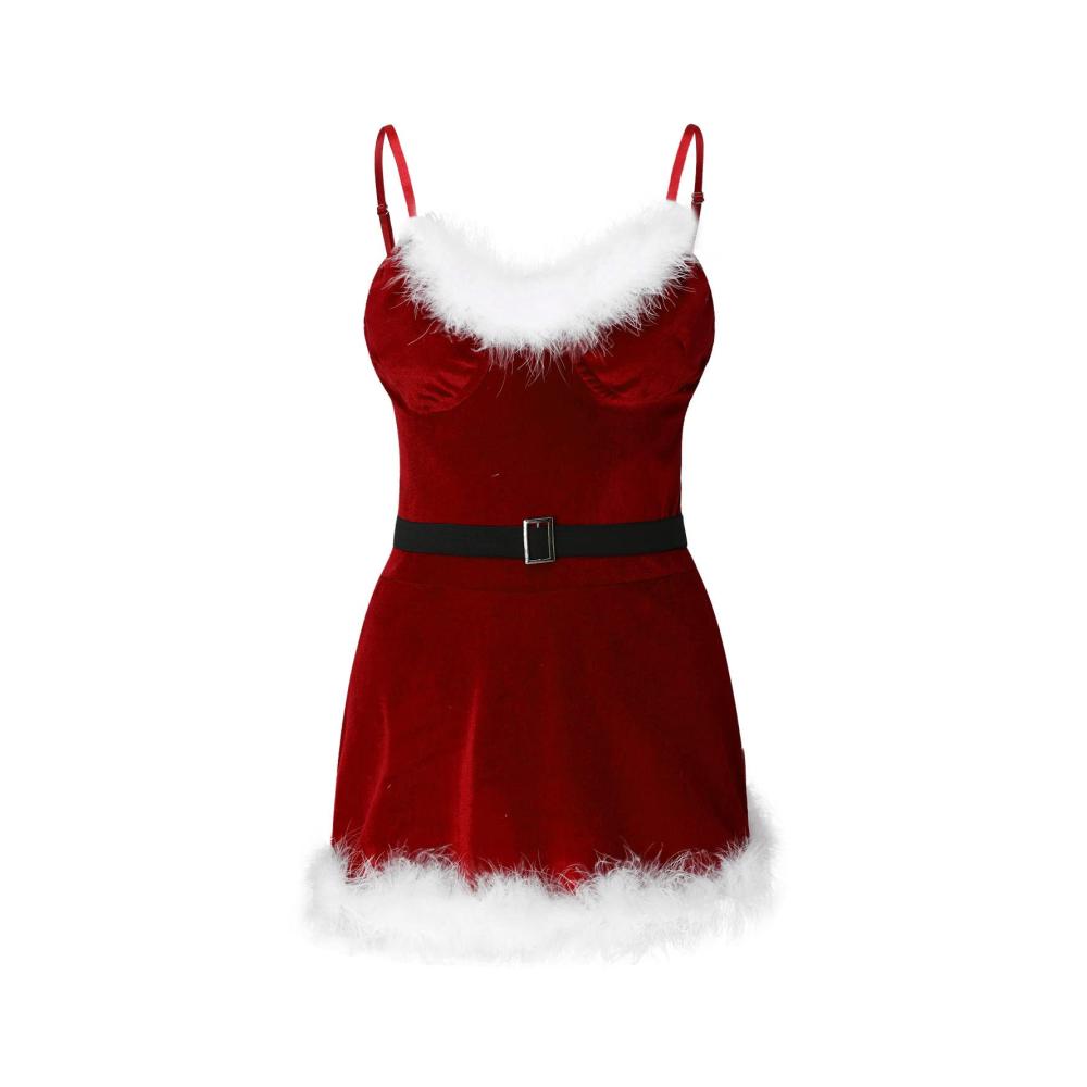 Heiße Weihnachts-Dessous Damen Negligee Set mit Strapsen und Bindeseil für Xmas Nachtwäsche und mehr