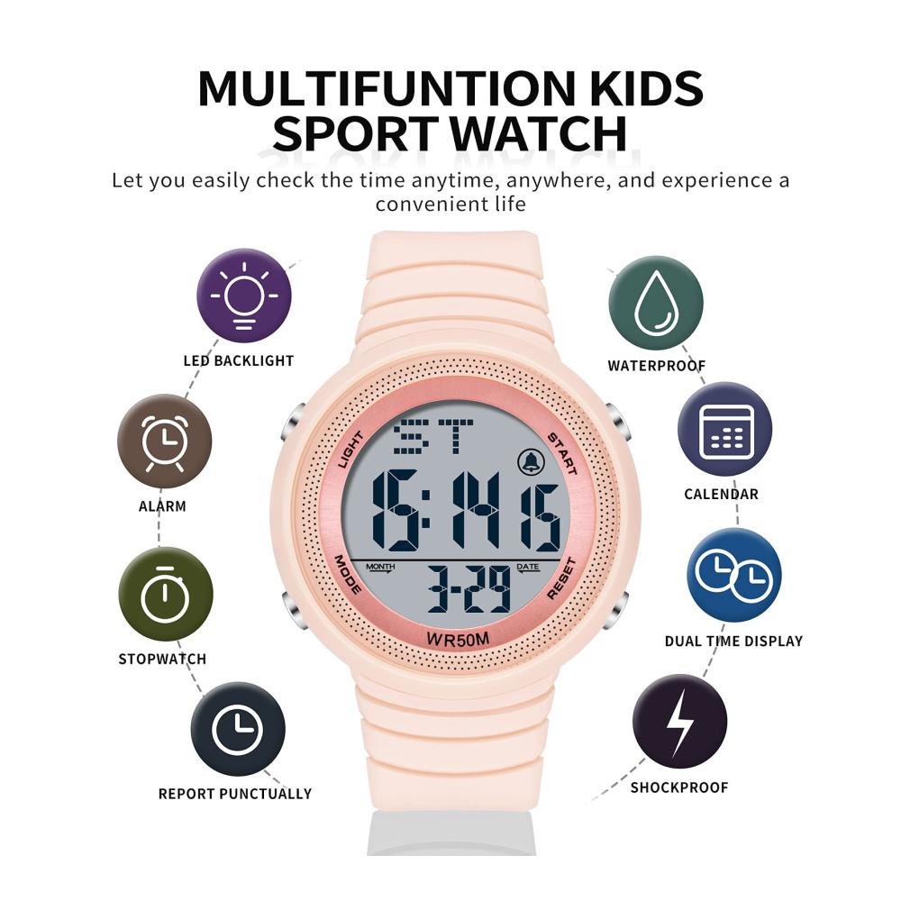 Findtime Sport Digitaluhr – Wasserdichte 50M Armbanduhr mit LED Duale Zeitzone Stoppuhr Countdown Kalender – Damen/Herren Militär Uhr mit Candy-Farben & Wecker