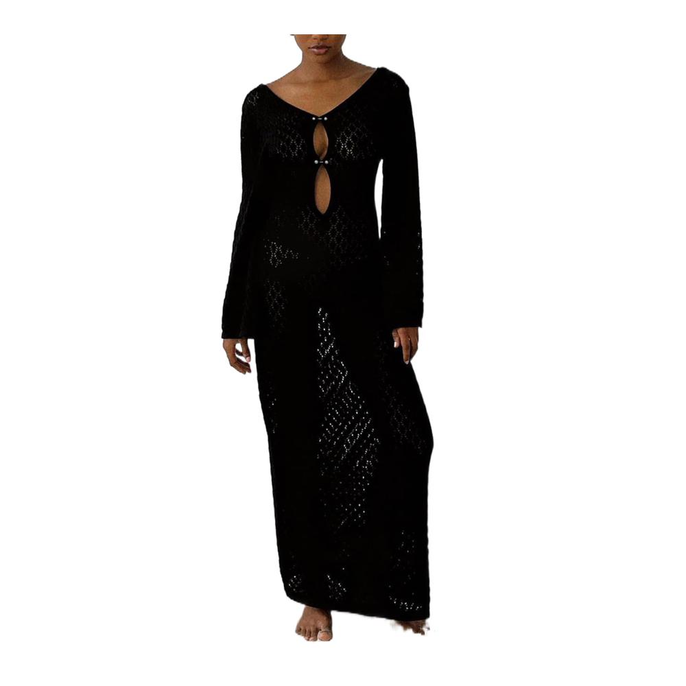 Maxi Strandkleid Damen Häkel-Langarmkleid mit tiefem V-Ausschnitt Rückenausschnitt und transparentem Strick – Ideal als Bikini Cover Up und für Strandtage