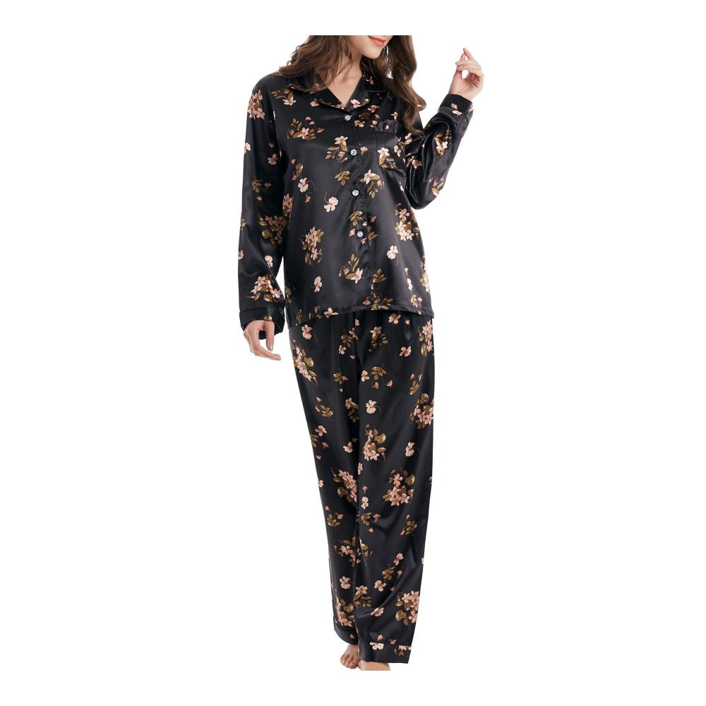Damen Schlafanzug Set Satin Pyjama Lang - Klassische Nachtwäsche Loungewear