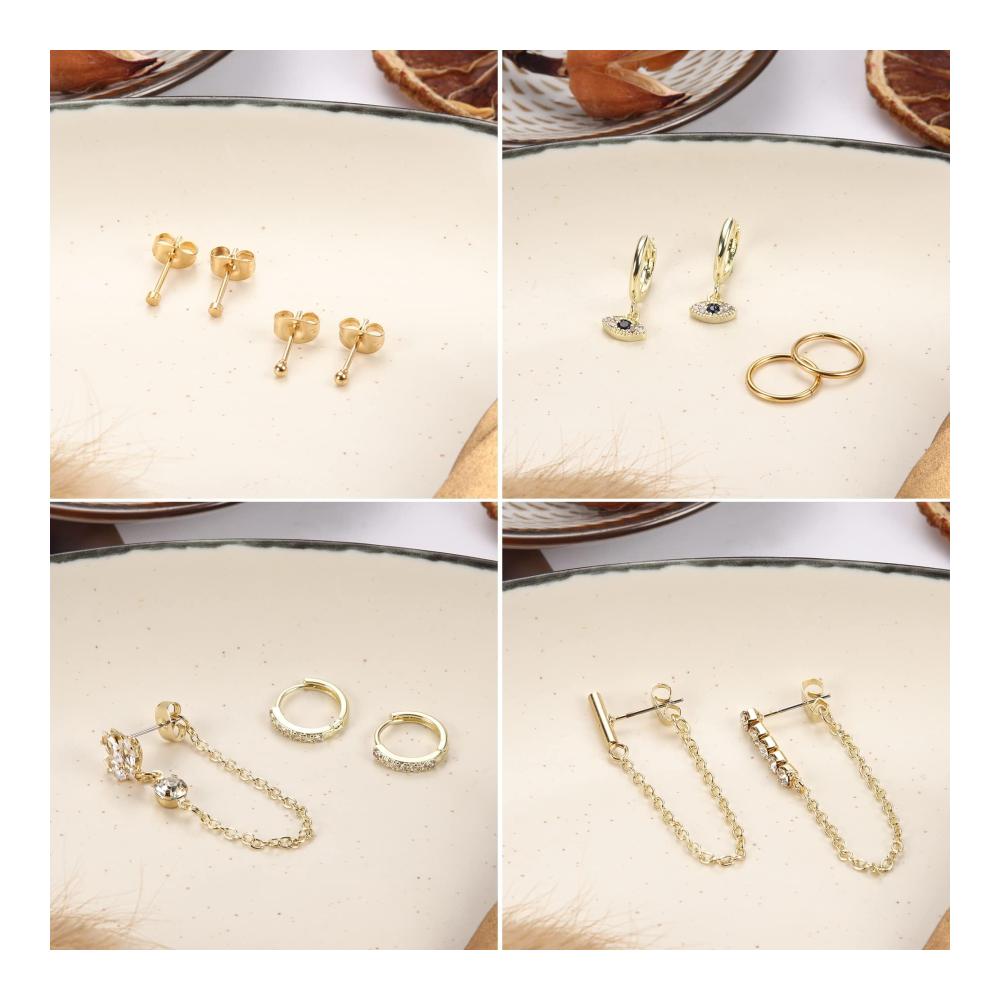 11 Paar Edelstahl Damenohrringe Set - Creolen Evil Eye Anhänger Stern CZ Bar Kugel Kettenohrring Mini Creolen Baumelnde Reif-Ohrringe