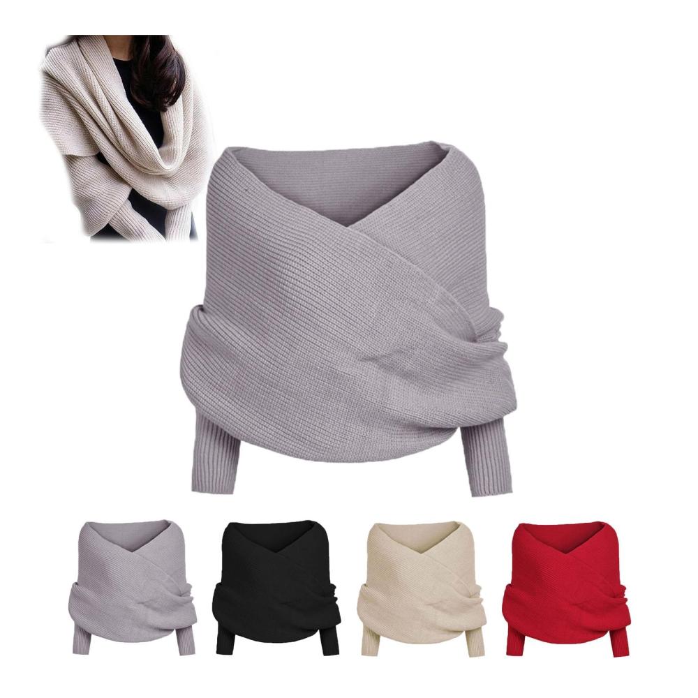 Wintermode Damen Strickpullover mit Ärmeln Elegant & Warm – Großer Schal Umschlagtücher Schneefall Pullover für Herbst/Winter