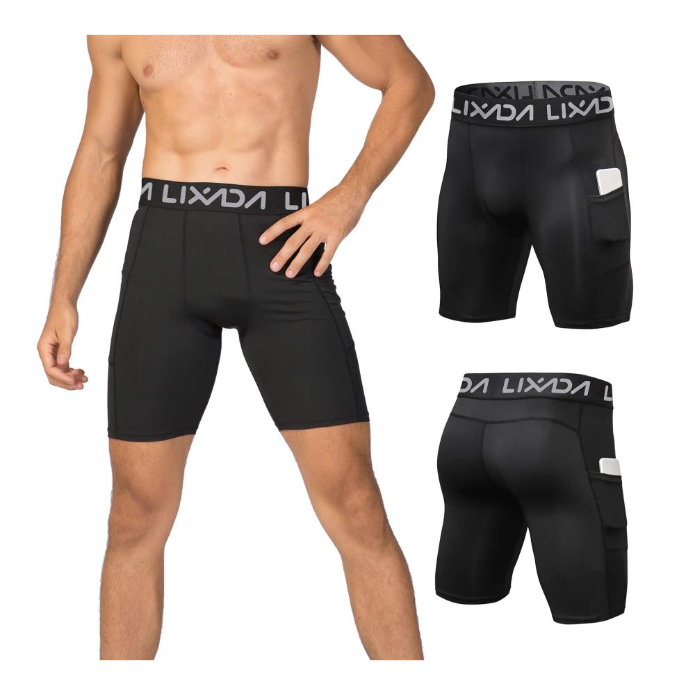 Performance-Sport Shorts für Herren - Elastische Hose kühl trocken mit Taschen - Baselayer Strumpfhose für Active Workouts in Schwarz Grau Dunkelblau (Größe L