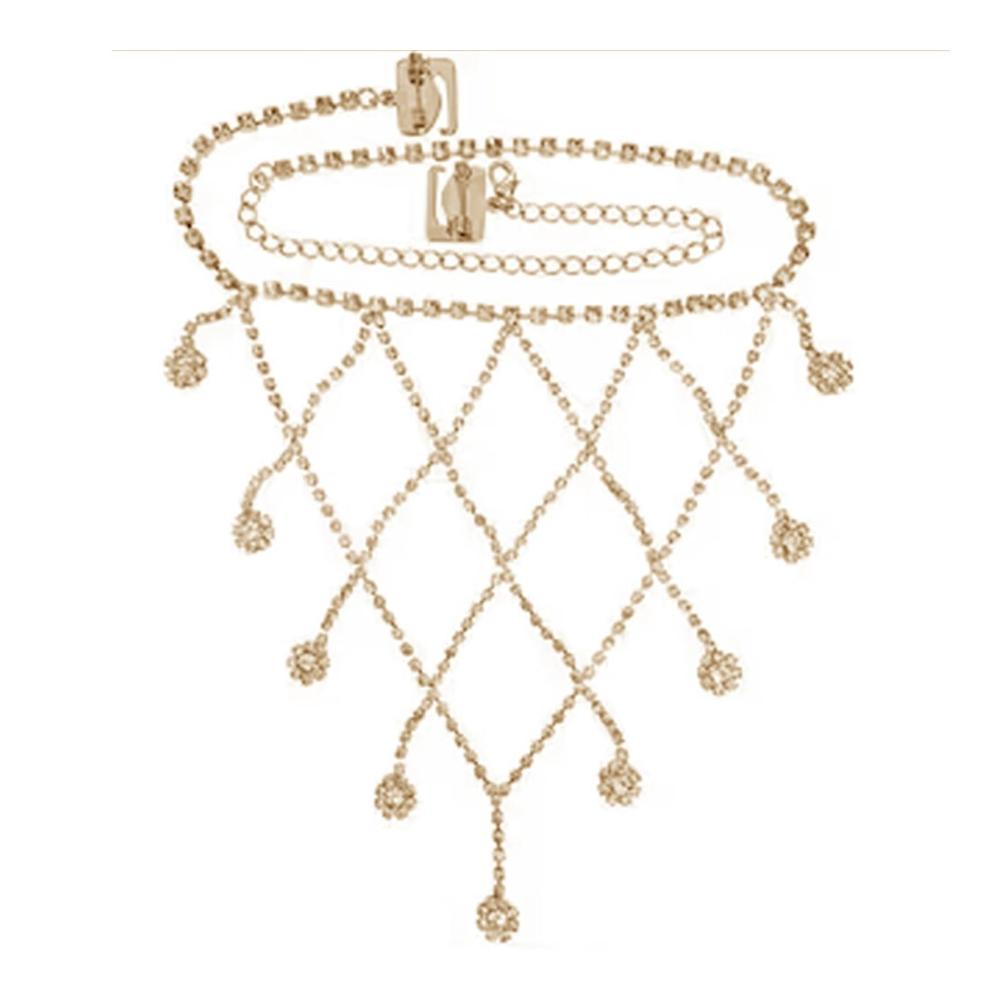 Strass-BH-Träger mit Fischernetz-Design und modischen Schulter-Kettenriemen - Eleganter Körperschmuck für Frauen ideal für Hochzeiten Rave-Outfits und mehr (Gold 1 Stück
