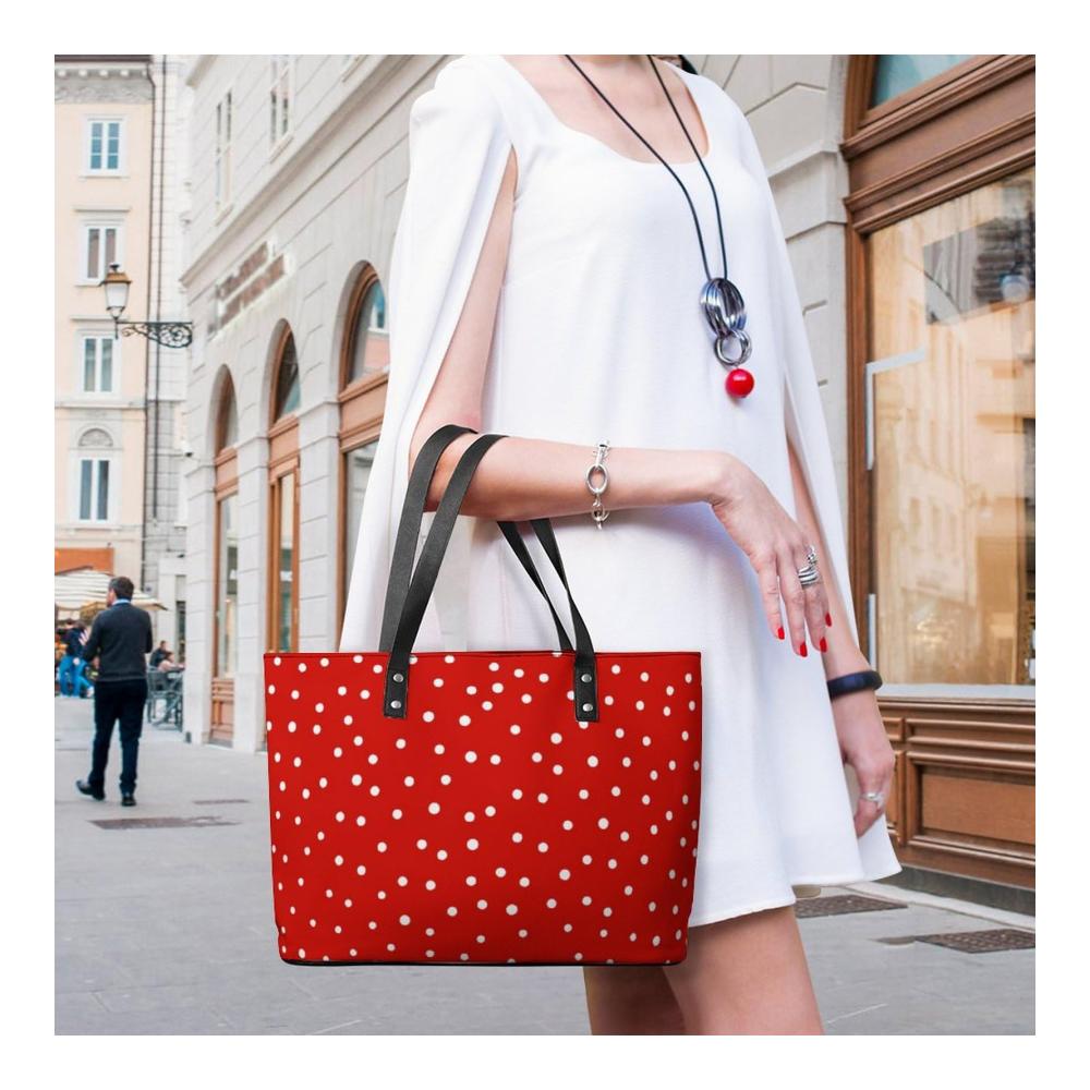 Elegante Handtasche aus Pebbled PU Leder perfekt für Business und Freizeit | Rot Weiß Runde Punkte Muster | 29*34*14cm