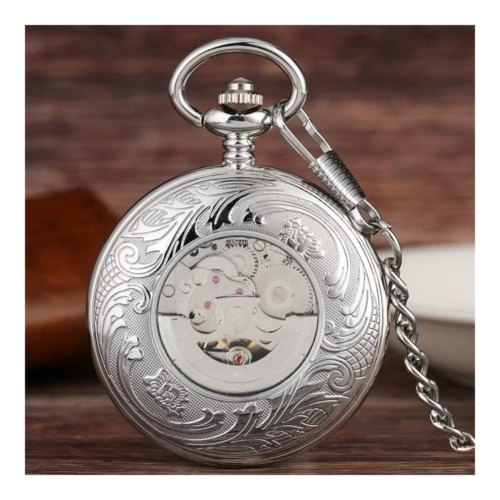 Luxuriöse Silber Taschenuhr für Herren | Automatischer Mechanismus | Blaues Römisches Zifferblatt | Selbstaufladende Anhängeruhr