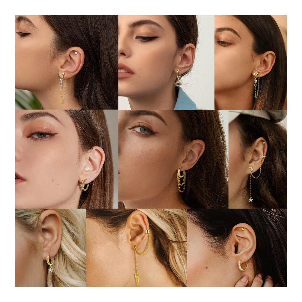 11 Paar Edelstahl Damenohrringe Set - Creolen Evil Eye Anhänger Stern CZ Bar Kugel Kettenohrring Mini Creolen Baumelnde Reif-Ohrringe