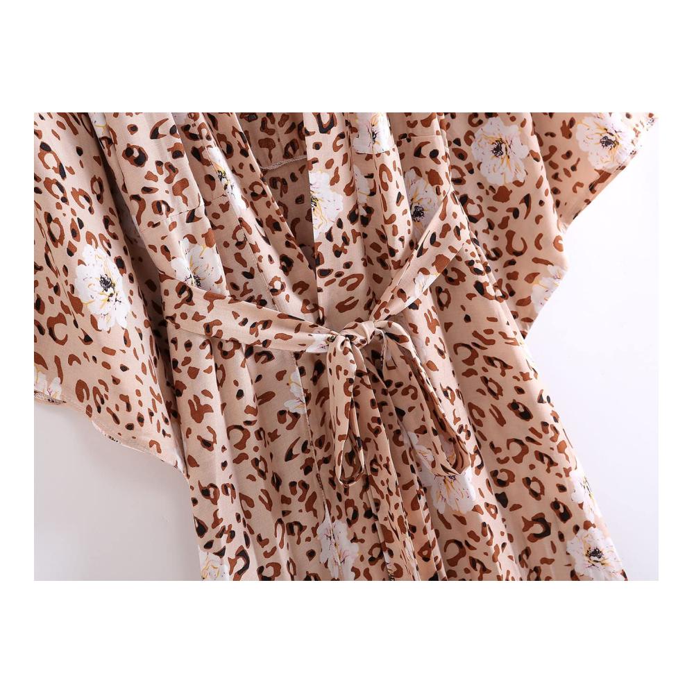 Bohemian Leopardenmuster Pareo & Strandkleider Set für Damen – Stilvoller Kimono Cardigan Mittellanger Strandrock und Trendiges Strandtop