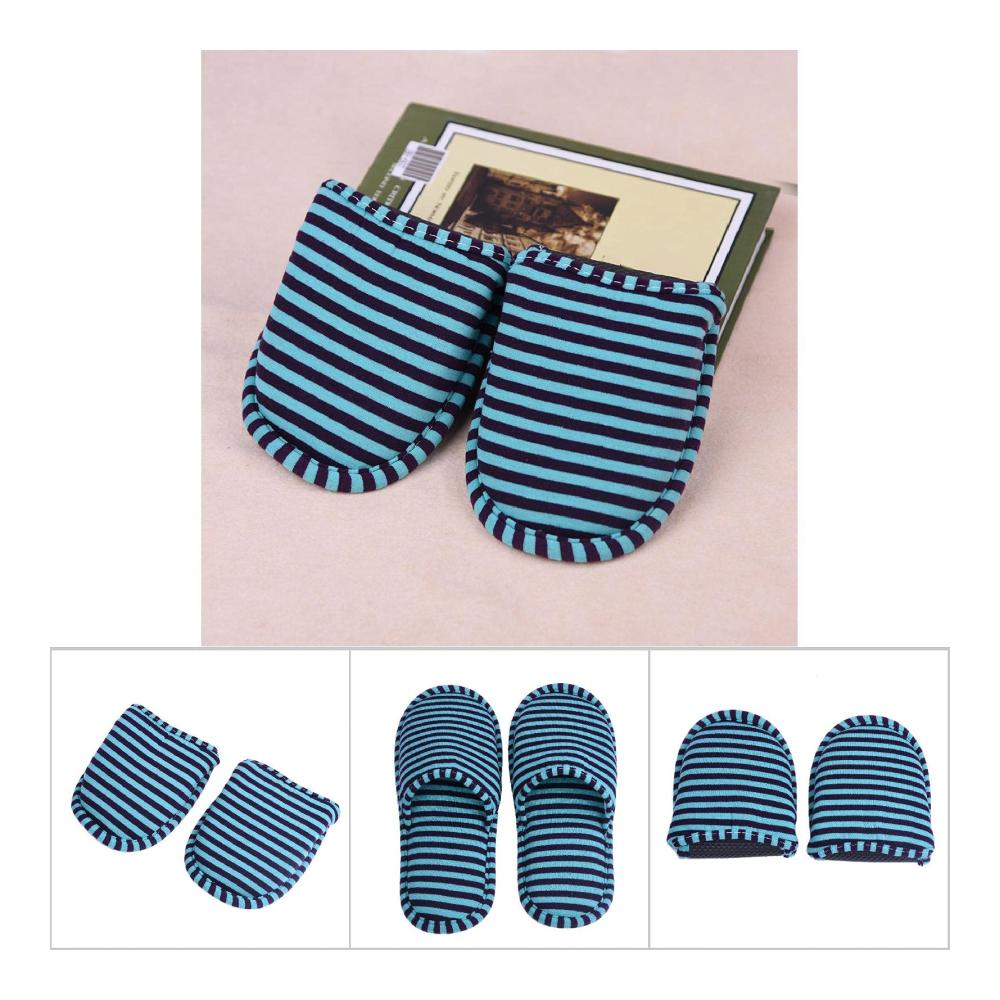 Foldable Cotton Slippers - Portable Reusable and Anti-Slip Indoor Footwear for Home and Hotel (Mens Blue Striped Design