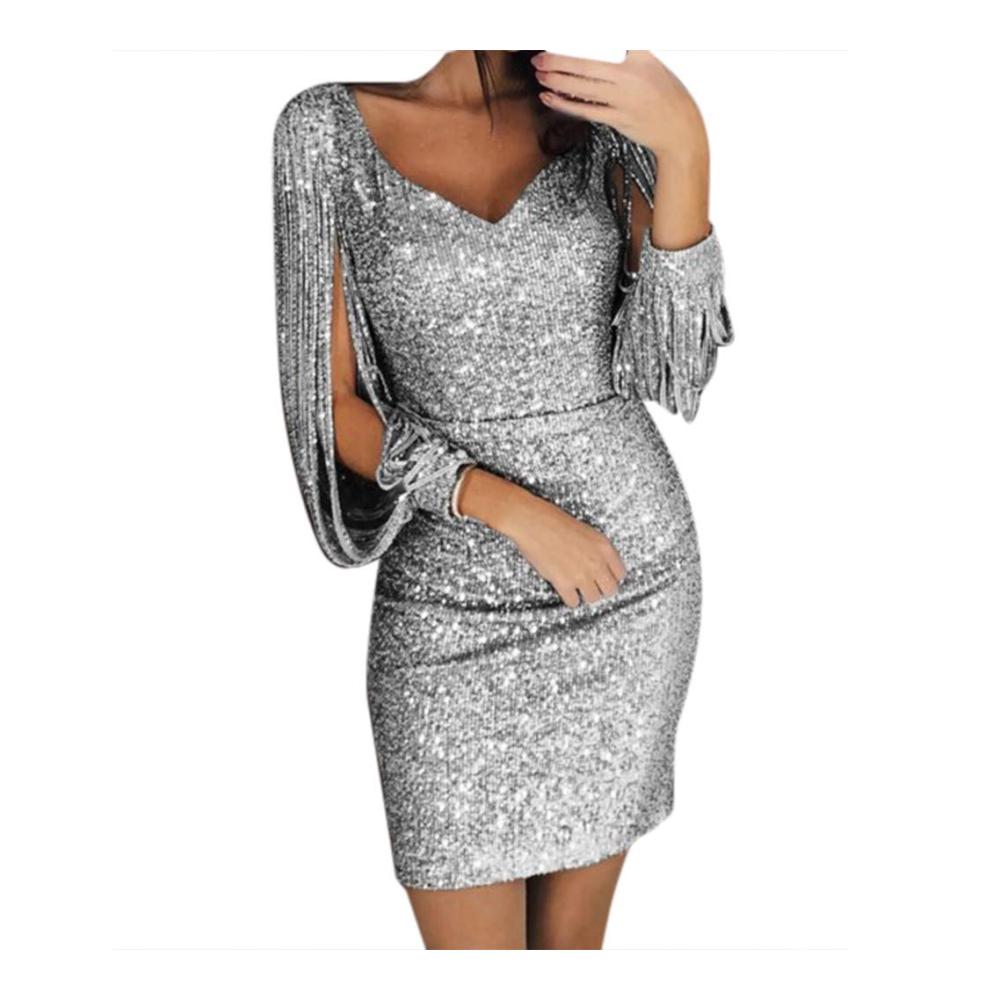 Glitzerndes V-Ausschnitt Pailettenkleid für Frauen - Elegantes Langarm Abendkleid mit Quasten ideal für Partys
