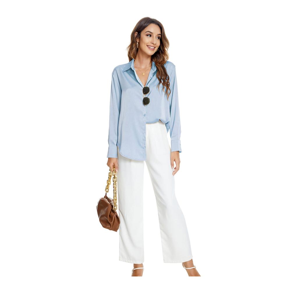 Damen Bluse Langarm Satin Seide Hemden mit Knöpfen Basic Kent Kragen für Arbeit Büro Formelle und Casual Anlässe
