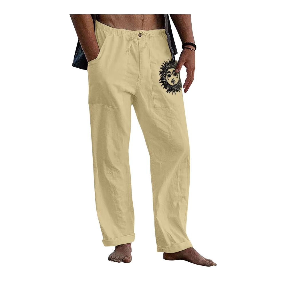 Herren Sommerhose Lässige Baumwoll Leinen Jogginghose mit Kordelzug Taschen und Logo – Bequeme Lange Urlaubshose für den Sommer