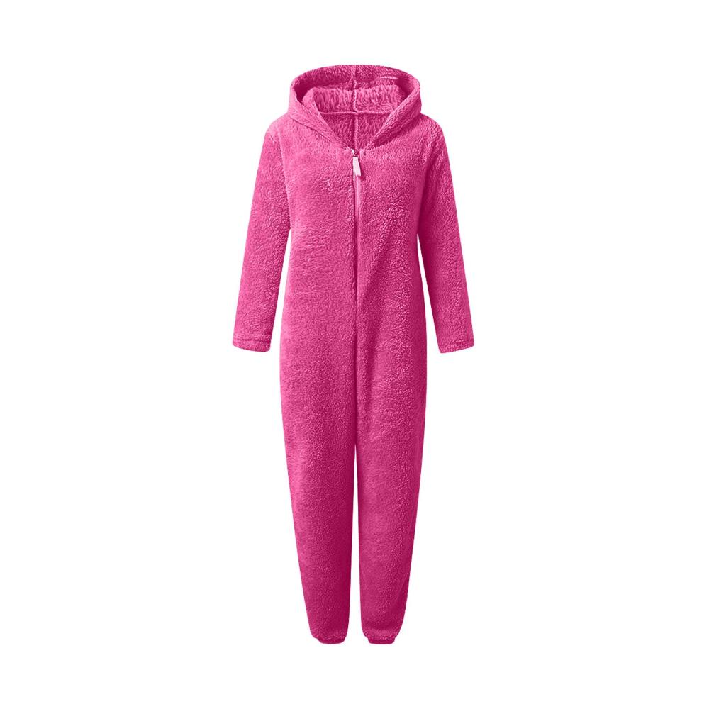 Teddy Fleece Jumpsuit für Damen - Winter Einteiler mit Kapuze Flauschiger Schlafanzug Plüsch Kuschelig Overall Lang Schlafoverall Warme Onesie Anzug Hausanzug in verschiedenen Größen S-5XL