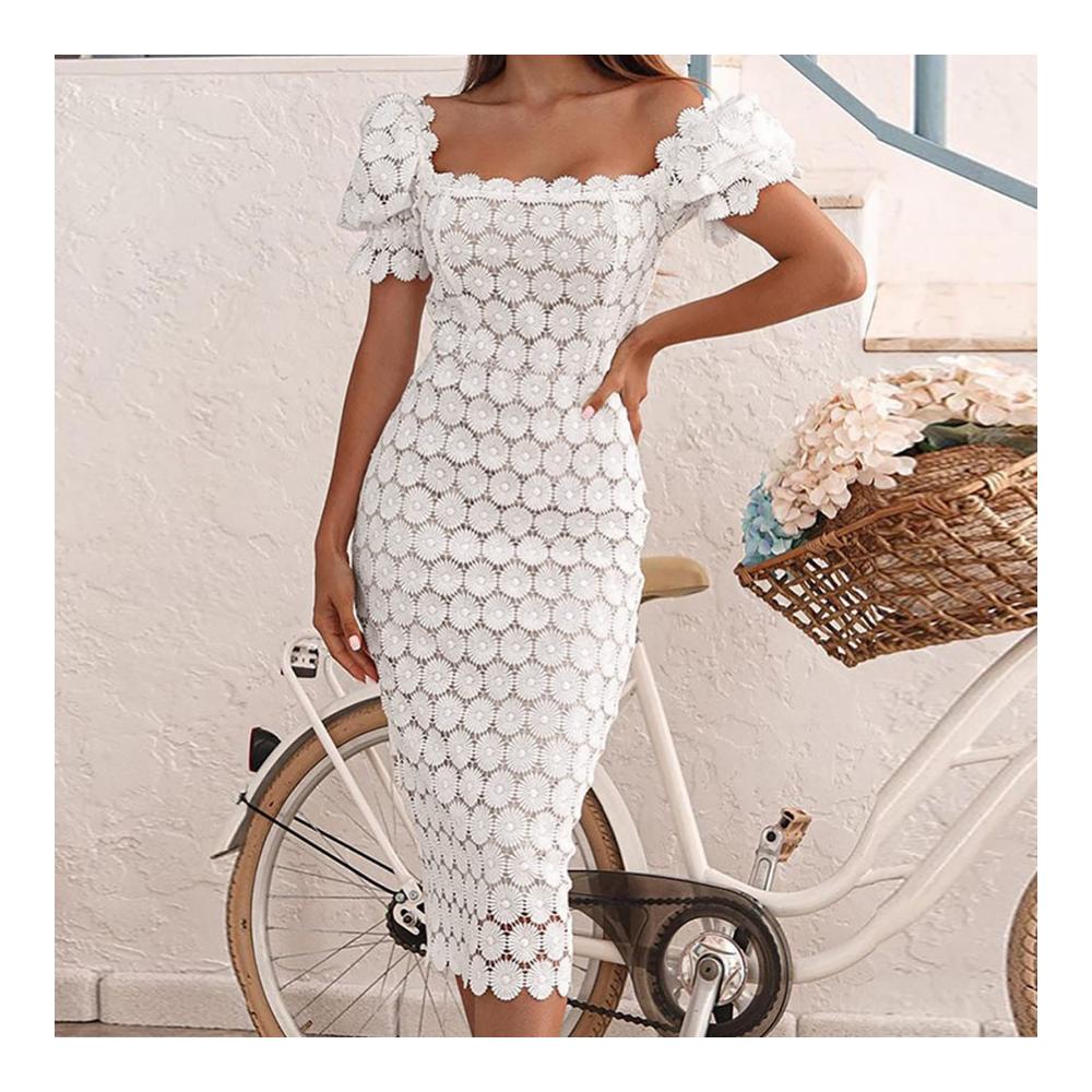 Elegantes Spitzenkleid für Damen Kurzarm Strick Business OL Kleid - Party Midi Zweiteiler mit Langarm Zug und Blumenmuster