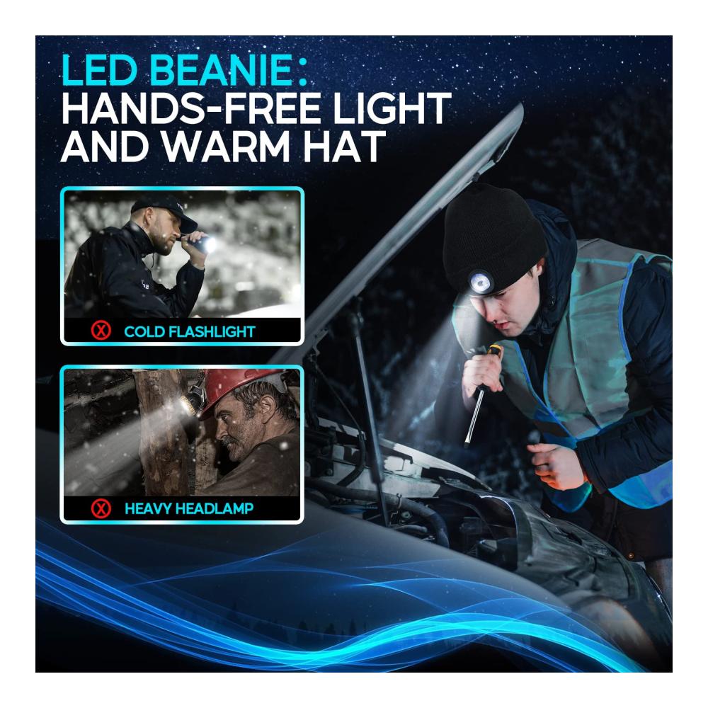 LED Strickmütze für Männer und Frauen - Weihnachtsgeschenk mit Wichtel-LEDs wiederaufladbar waschbar - Ideal zum Fischen Laufen und mehr