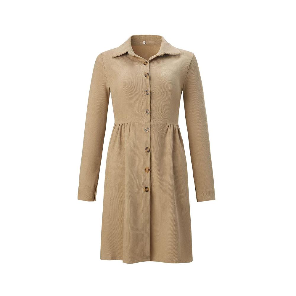 Damen Freizeit Cordkleid - Langarm Hemdkleid mit Swing-Schnitt und Blusenoptik Casual A-Linien Kleid für Herbst und Winter - Vintage Longshirt im eleganten Stil Leinen Tunikakleid mit Einreiherdesign