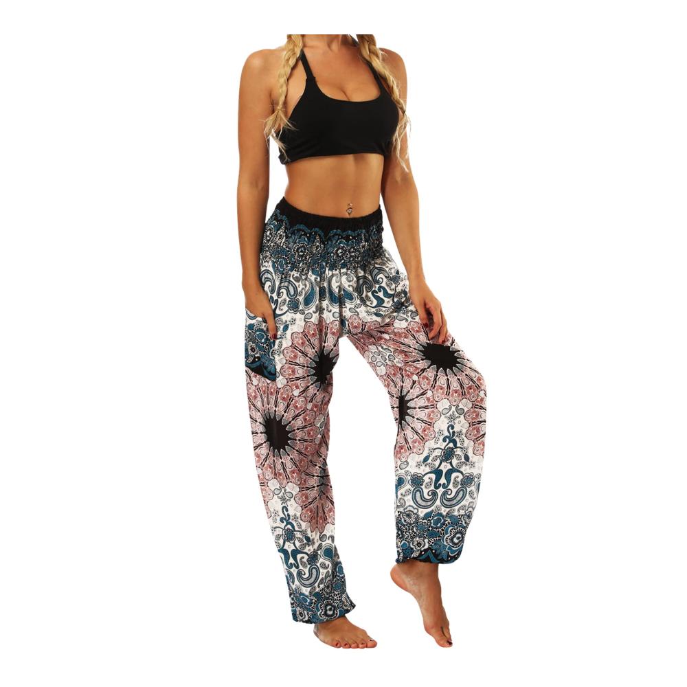 Boho Yogahose Damen Luftige Sommerhose mit Weitem Bein Geraffter Taille & Taschen - Leichte Strand- und Freizeithose für Eltern & Kinder
