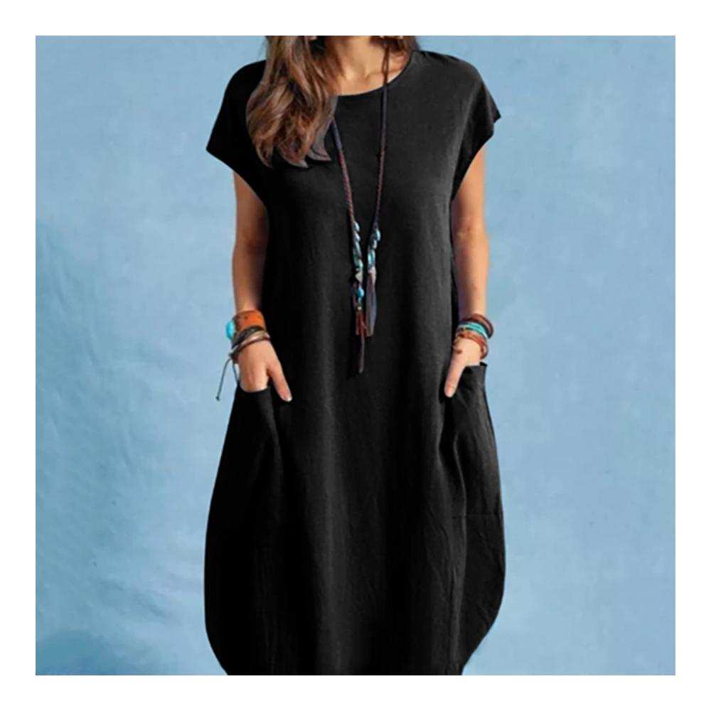Damen Maxikleid aus Baumwolle und Leinen in großer Größe mit Rundhalsausschnitt Kurzarm und Taschen - Lässiges Sommerkleid für entspannte Freizeitaktivitäten