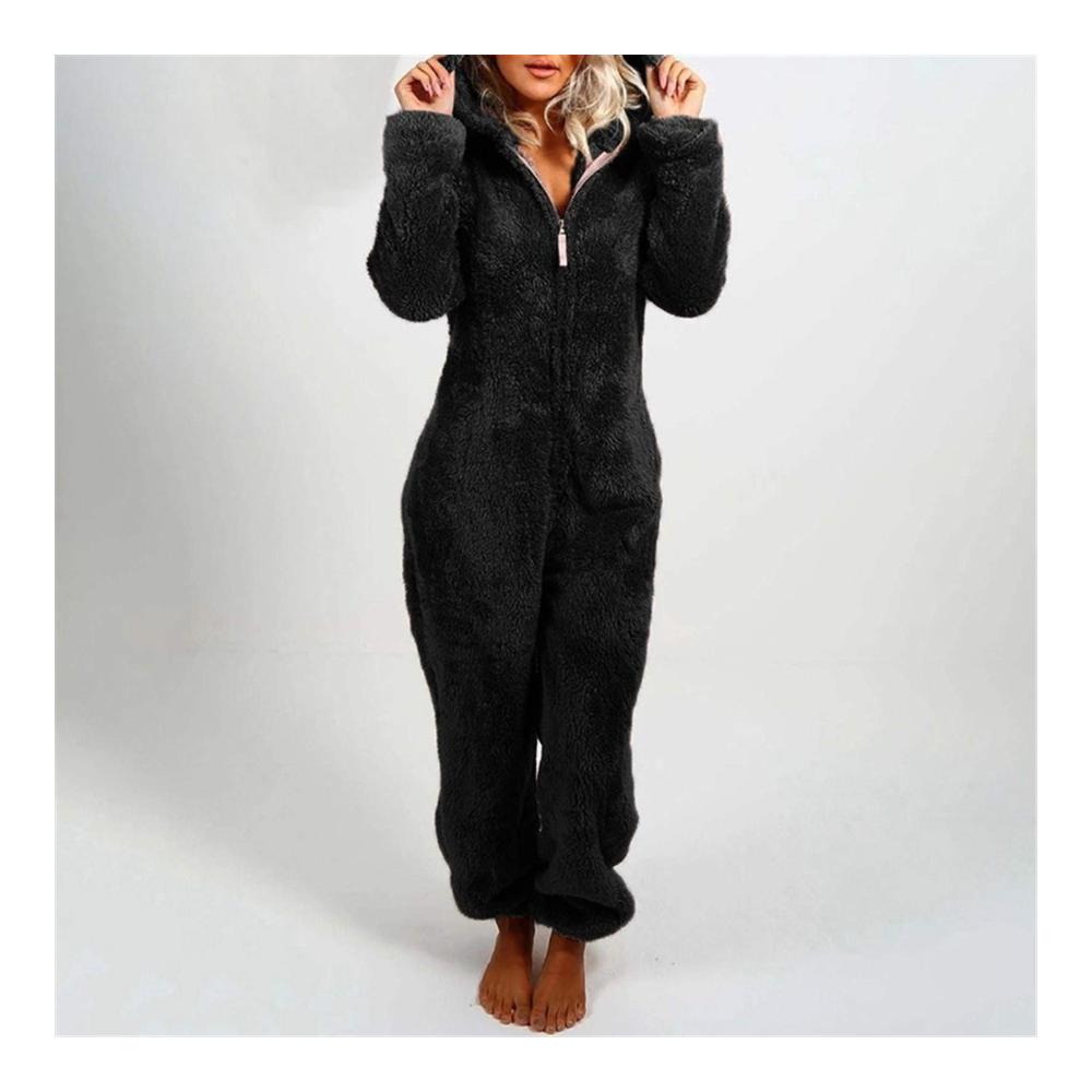 Winterlicher Damen Jumpsuit mit Teddy Fleece | Kuscheliger Einteiler Onesie Schlafanzug | Langärmliger Pyjama mit Kapuze und Reißverschluss | Gemütlicher Schlafoverall für Zuhause | Flauschig weich und einfarbig