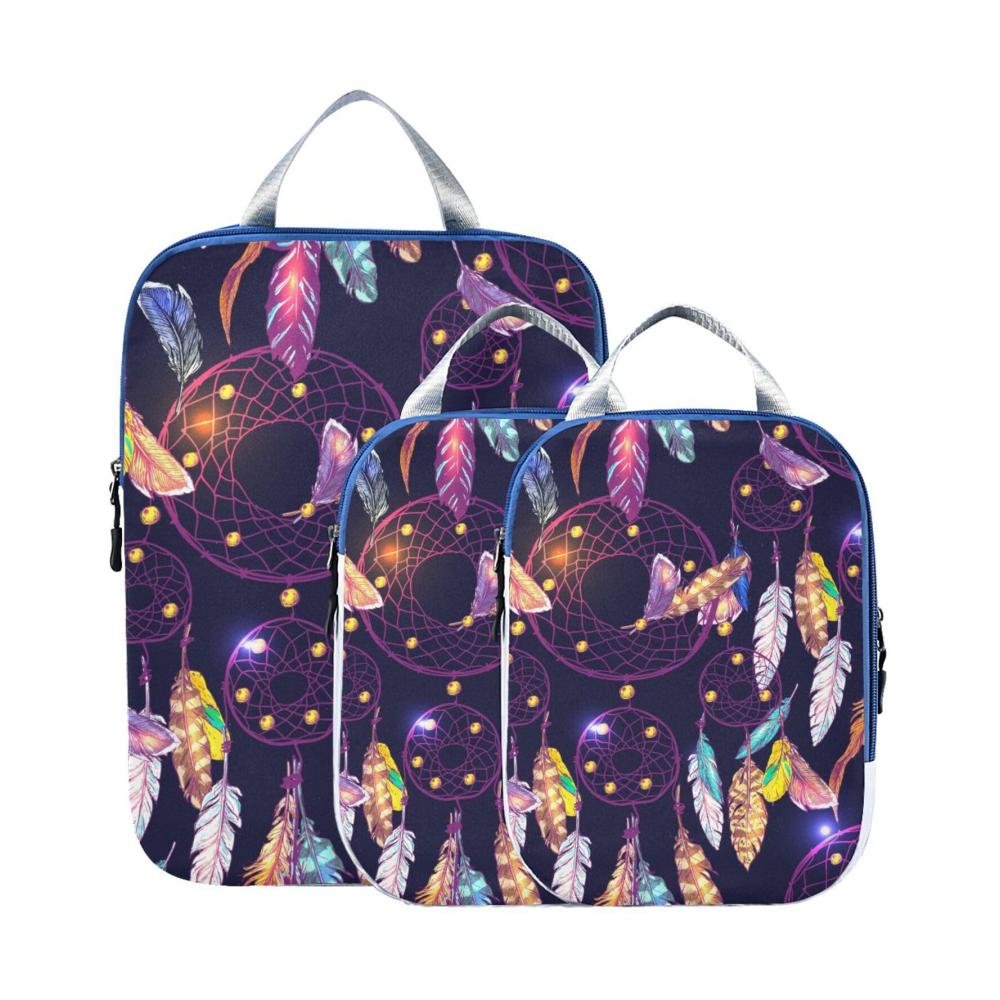 Kofferorganizer Set 3er Pack Kompressionswürfel mit Traumfänger Bohemia & Aztekenmuster - Lila Reiseutensilien für Rucksack und Gepäck