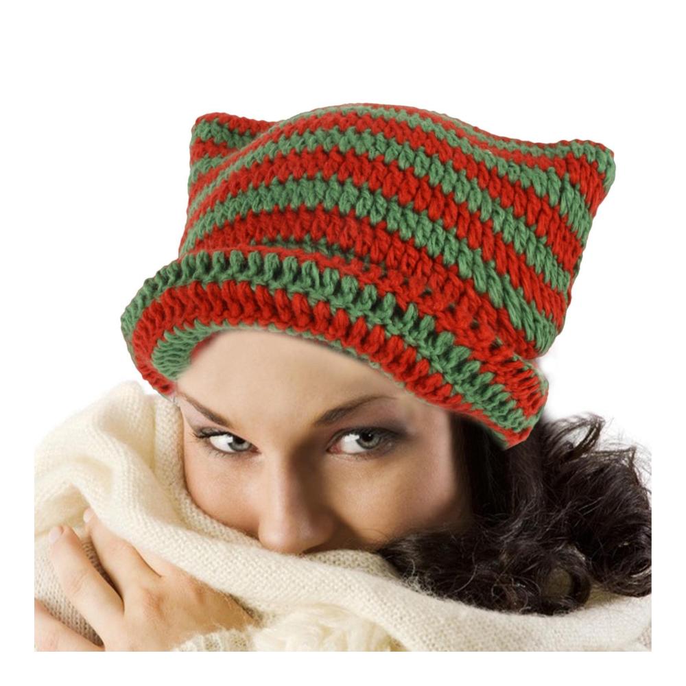Niedliche Strickmütze mit Katzenohren für Damen und Herren - Winter-Beanie mit Streifenmuster und Thermofutter