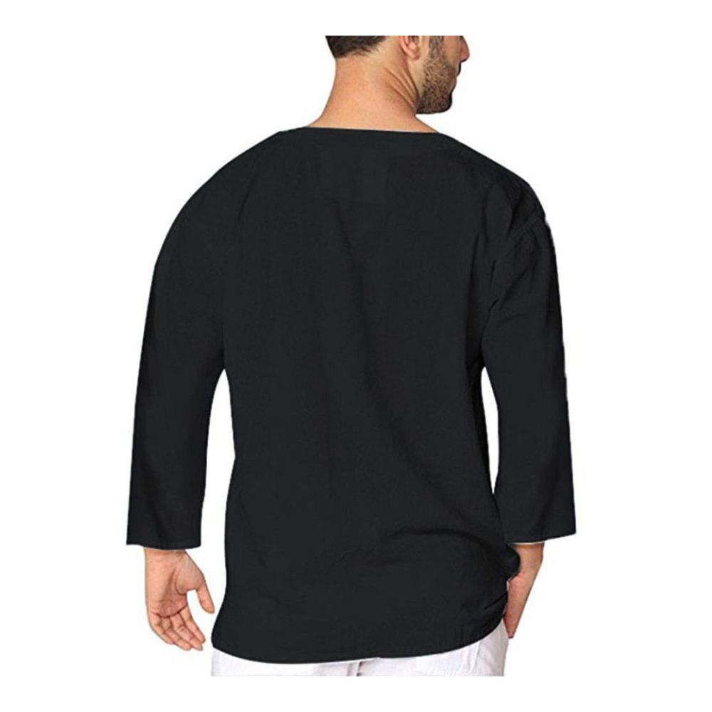 Herren Freizeithemd Baumwoll-Leinen lässig Großvater-Kragen Kordelzug Ghillie Hippie Henley Schwarz (Gr. 56