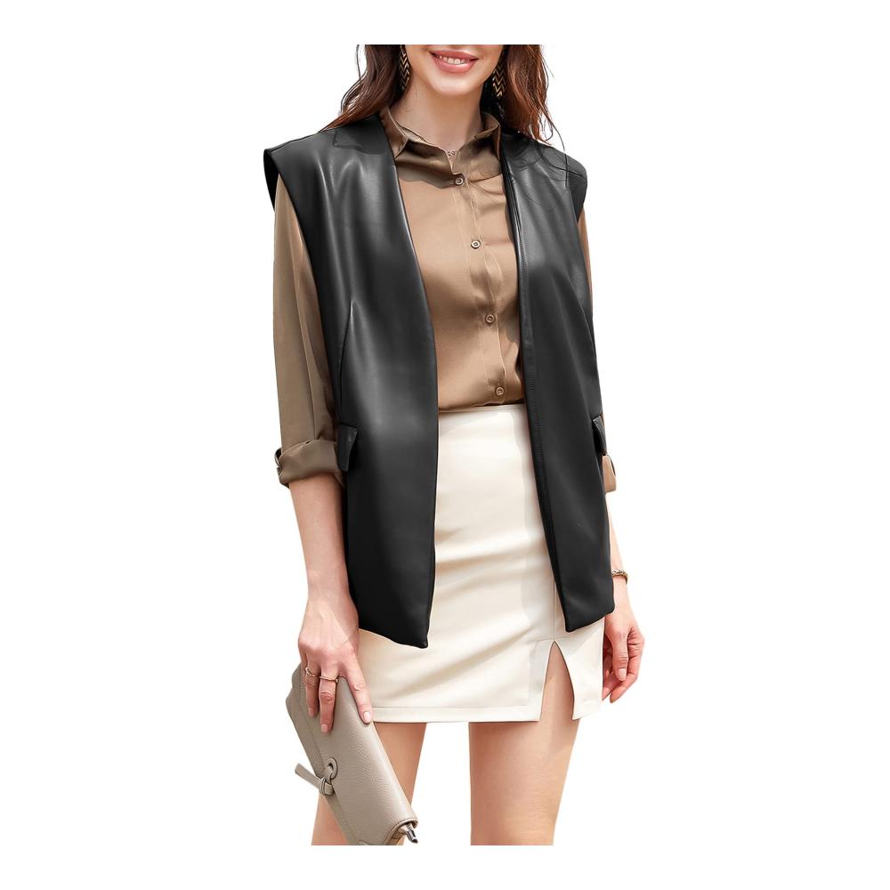 Damen Lederweste – Ärmellose Bikerjacke mit Stehkragen in PU-Leder – Modische Locker-Fit Kunstlederweste