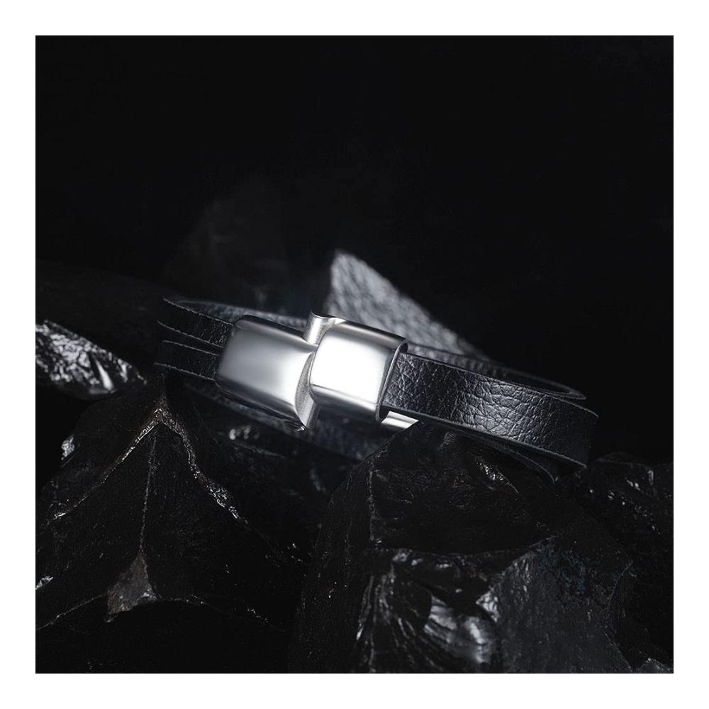 Kompass Wickelarmband Geflochtenes Schwarzes Leder mit Edelstahl-Kompass - Breites Armband für Männer mit Magnetverschluss