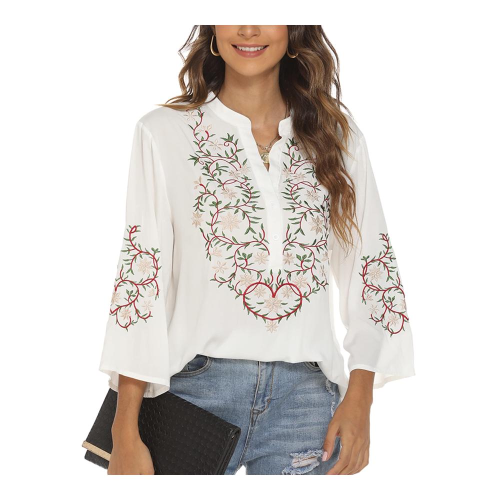 Boho Blusen & Tuniken Vakakado Mexico Besticktes Shirt für Frauen mit Folklore-Floral-Design 3/4 Ärmel V-Ausschnitt