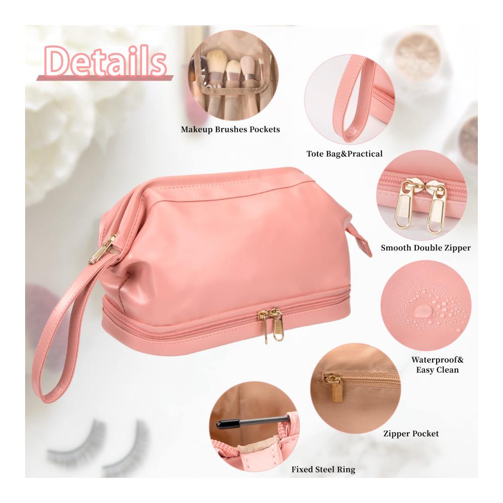 Kulturtasche aus PU-Leder - Doppelschicht Kulturbeutel mit großer Kapazität wasserdicht - Reise- und Geschäftstasche für Herren und Damen in Rosa