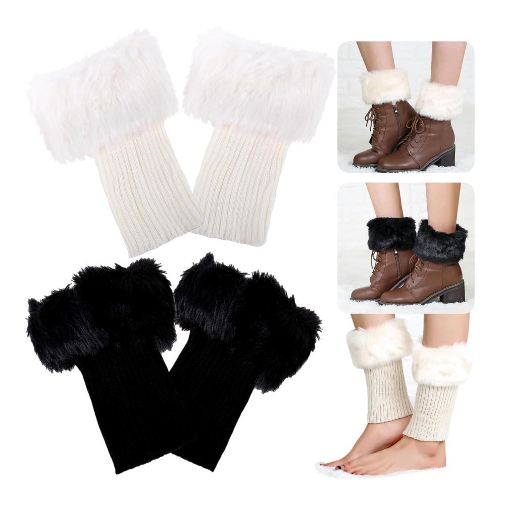 Warme Damen Stulpen 2 Stück - Fußlose Kniestrümpfe Legwarmers Gestrickte Beinwärmer - Ideal für Winter mit Hoher Qualität und Stil (Weiß Schwarz