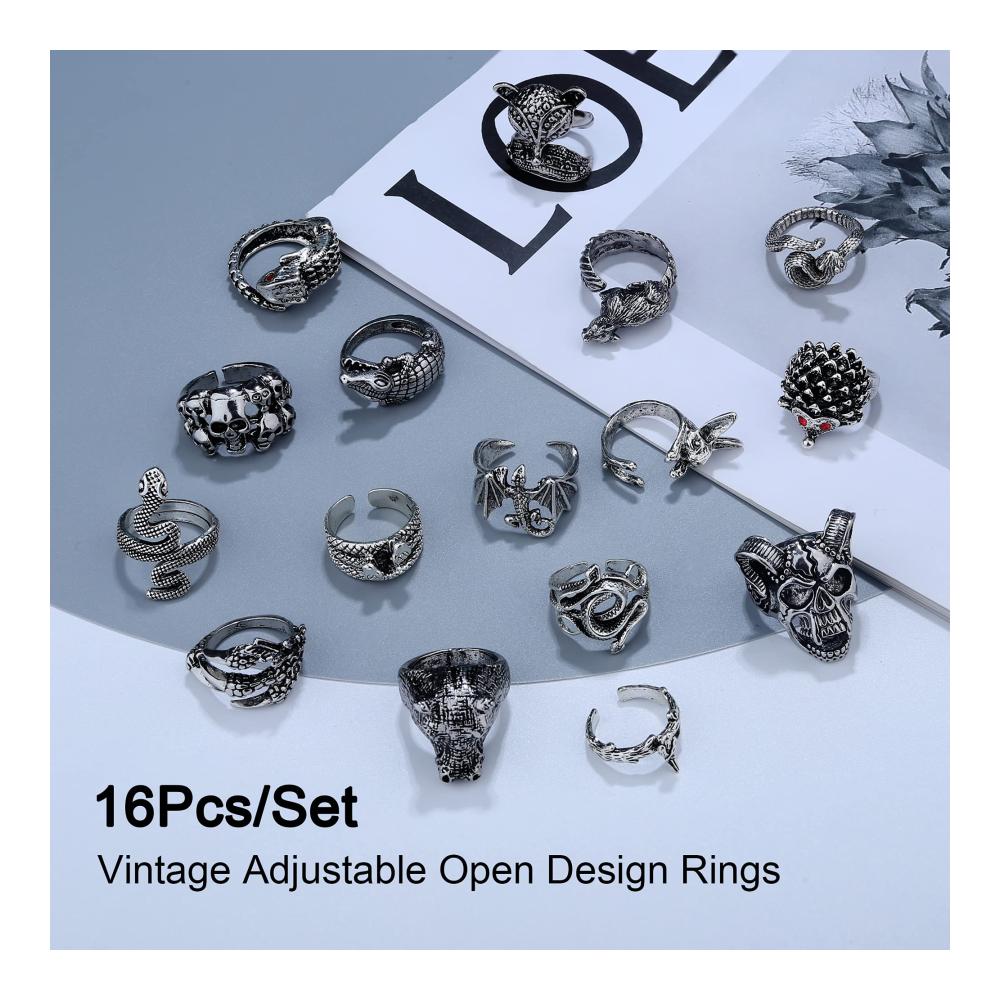 Gothic Punk Ringe Set - 20 Stück Silber Einstellbare Animal Designs - Cool Statement Stapelringe für Männer und Frauen - Frosch Schlange Schmetterling Spinne - Y2K Zubehör