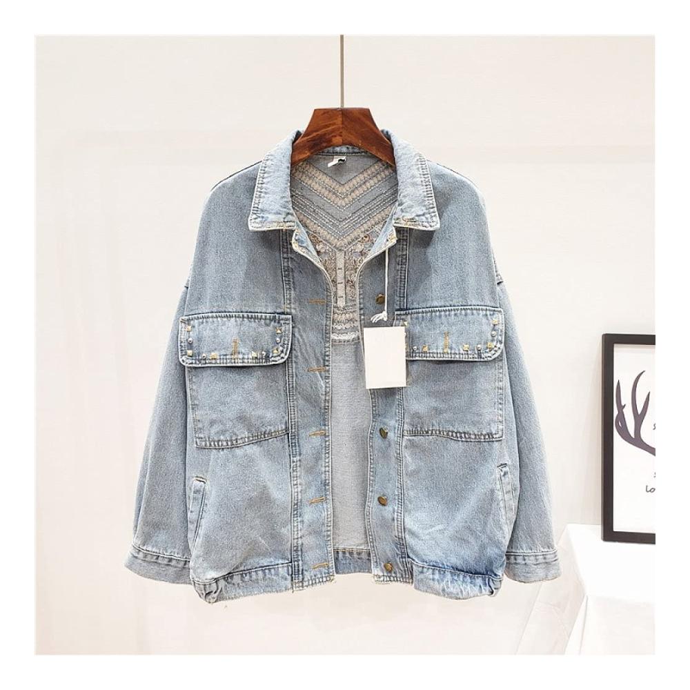 Boho Damen Jeansjacke mit Vintage Blumenstickerei und Fransen - Feminine Jacke für einen stilvollen Look
