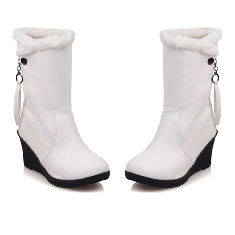Damen Keilstiefel Wasserdichte Halbhohe Stiefelette mit Runder Zehe Slip-On Design Pelzbesatz Winterfutter - Ideale Damen Winterstiefel für Schnee und Kälte