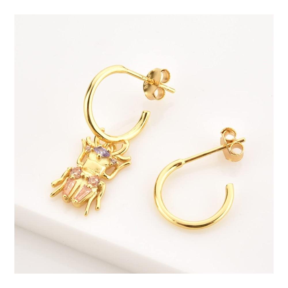 925 Sterling Silber Schmuck-Set mit Gold Käfer-Design Ohrringe Ring Lange Kette & Halskette mit Zirkon - Exquisites Schmuckset für Tierliebhaber (Grau