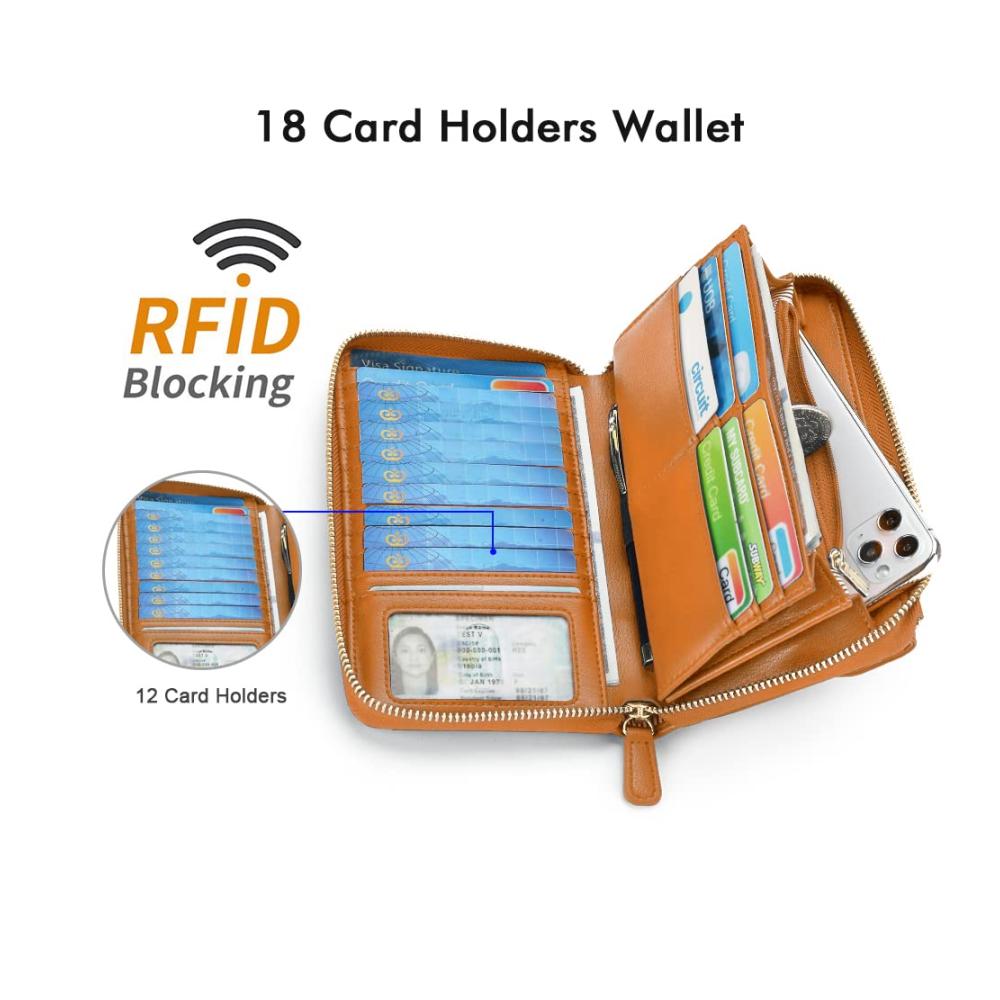 Braune Damen RFID Geldbörse mit Kreditkartenetuis Handytasche zum Umhängen - Doppelriemen Design